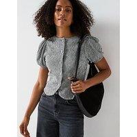 V By Very Gingham Puff Sleeve Button Up Top - Black