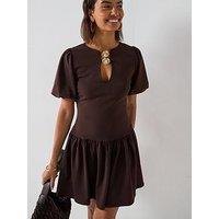 V By Very Puff Sleeve Gold Trim Drop Hem Mini Dress - Brown