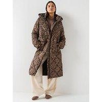 Only Longline Animal Print Padded Coat - Brown