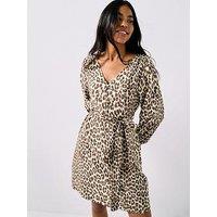 Jdy Beatrice Life Long Sleeve Animal Print Dress - Brown