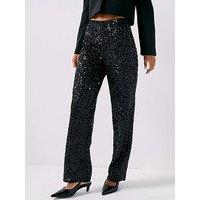 Jdy Sequin Straight Leg Jersey Trousers - Black