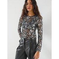 Only Long Sleeve Lace Sequin Top - Silver