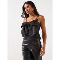 Only Long Line Rhinestone Bow Strap Top - Black