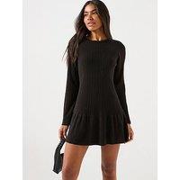 Only Tessie Long Sleeve Ribbed Knitted Flared Dress - Black