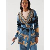 Only Michigan Fringed Tie Wrap Long Cardigan - Blue