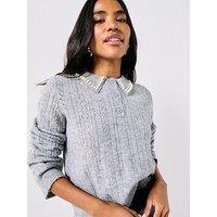 Jdy April Life Long Sleeve Pearl Collar Knitted Jumper - Grey