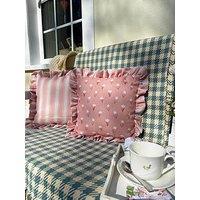 Rucomfy Frilled Cushion - Dusky Pink Ditsy Stripe