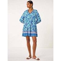 Roman Floral Print Border Smock Dress - Blue