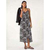 Roman Abstract Gathered Strappy Midi Dress - Black