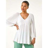 Roman Shirred V-Neck Top - White