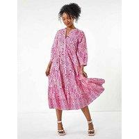 Roman Petite Aztec Tiered Midi Dress - Pink
