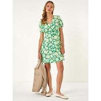 Roman Daisy Print V-Neck Tea Dress - Green