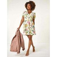 Roman Floral Print V-Neck Tea Dress - Pink