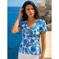 Roman Dusk Shell Print V-Neck Tie Top - Blue