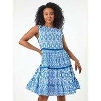 Roman Petite Geo Print Tiered Dress - Blue