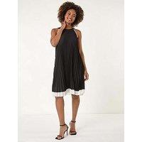 Roman A-Line Pleated Halter Dress - Black