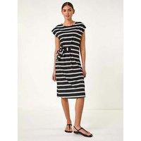 Roman Stripe Tie Side Stretch Midi Dress - Black