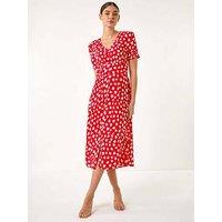 Roman Heart Print Ruched Midi Dress - Red