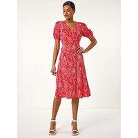 Roman Floral Midi Tea Dress - Red
