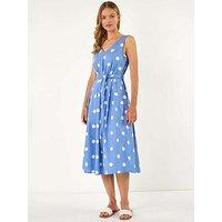 Roman Spot Print Belted Midi Dress - Blue