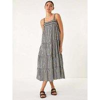 Roman Gingham Embroidered Midi Dress - Black