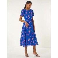 Roman Floral Pleated Chiffon Dress - Blue