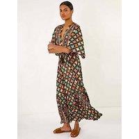Roman Geo Print V-Neck Frill Maxi Dress - Black