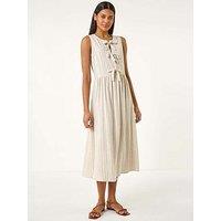 Roman Pinstripe Bow Detail Midi Dress - Beige