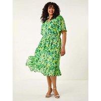 Roman Curve Floral Button Detail Midi Dress - Green