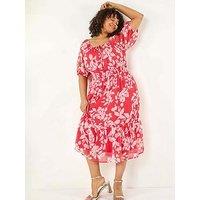 Roman Curve Tropical Print Tie Neck Midi Dress - Pink