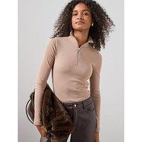 The Very Collection Ribbed Half Zip Top - Brown