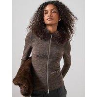 The Very Collection Faux Fur Collar Zip Up Top - Brown
