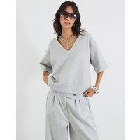 River Island Short Sleeve V-Neck Interlock T-Shirt - Grey