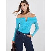 River Island Long Sleeve Mesh Notch Bardot Body - Blue