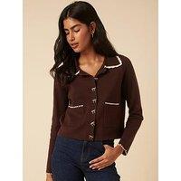 Nobodys Child Collared Crochet Knitted Jacket - Brown