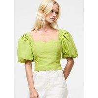 French Connection Linen Blend Puff Sleeve Sweetheart Neck Crop Top