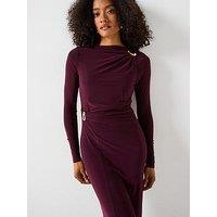 V By Very Long Sleeve Draped Asymmetric Maxi With Gold Teardrop Trims - Red