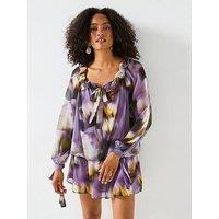 V By Very Dropped Hem Tie Sleeve Printed Mini Dress