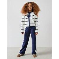 The Very Collection Girls Knit Stripe Cardigan With Bow Detail And Wide Leg Knitted Trousers - Black
