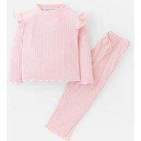 The Very Collection Girls Frill Shoulder Soft Touch Rib Pyjamas - Pink