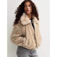 New Look 915 Girls Cream Faux Fur Collared Jacket