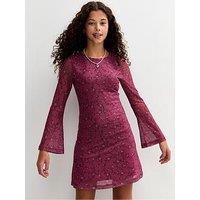 New Look 915 Girls Mesh Rose Print Long Sleeve Mini Dress - Red