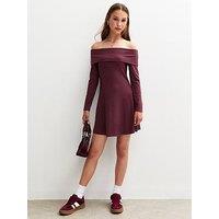New Look 915 Girls Light Burgundy Bardot Ribbed Long Sleeve Dress - Dark Red