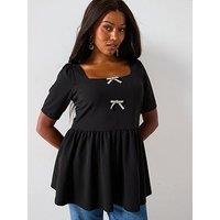V By Very Curve Diamante Bow Peplum Top - Black