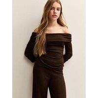 New Look 915 Girls Brown Ruched Side Bardot Top - Dark Brown