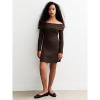 New Look 915 Girls Bardot Ribbed Long Sleeve Dress - Dark Brown