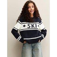 New Look 915 Girls Ski Logo Striped Jumper - Black