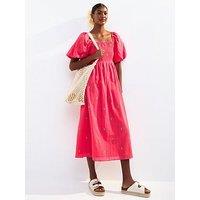 New Look Pink Palm Embroidered Shirred Midi Dress