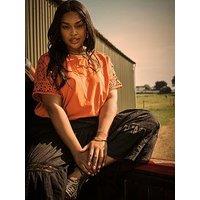 Yours Curve Boxy Crochet Insert T-Shirt - Orange