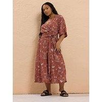 Yours Curve Wrap Kimono Dress - Brown